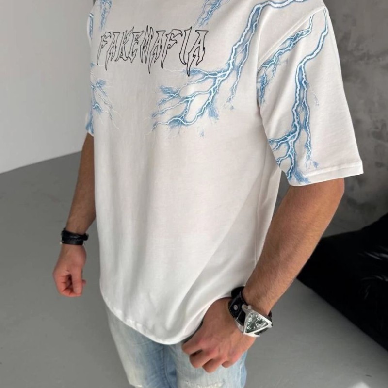 Erkek Bisiklet Yaka Yıldırım Baskılı  Kısa kol T-Shirt - Beyaz